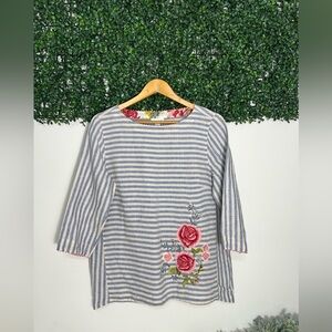 J. Jill Love 100% Linen Stripe Floral Embroidered Blouse Size M Blue White